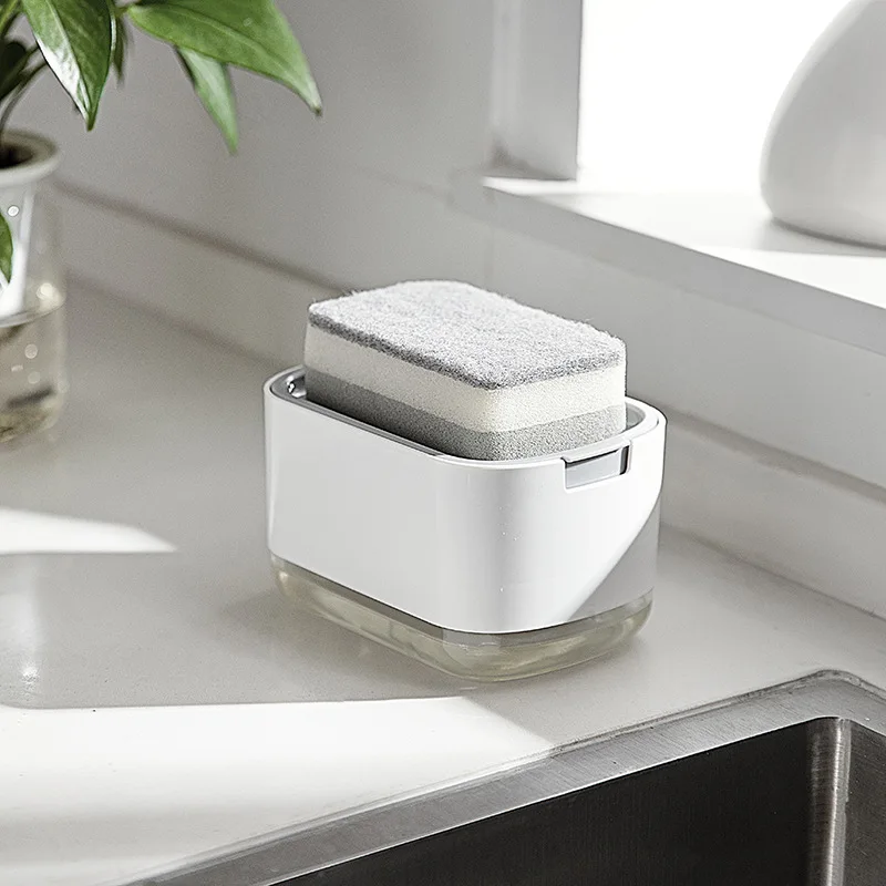 

Portable Detergent Dispenser Set for Kitchen Dish Soap Box with Sponge Holder Hand Press Liquid Dispensing Tools