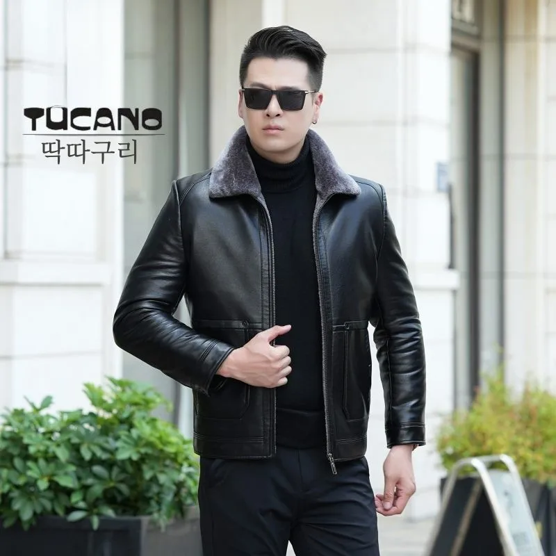 Утолщенное кожаное пальто на флисовой подкладке Дятел мужская очень большая