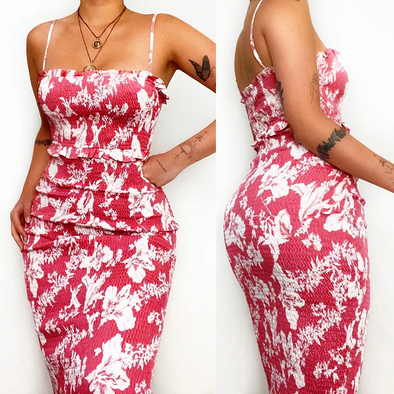 

Women's Dress 2022 Summer Fashion New Casual Pink Printed Sling Sexy Mid Waist Bag Hip Ladies Mid Length Skirt SJ533