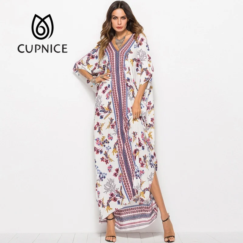 

CUPNICE Printed Bohemian Women Maxi Dress Batwing Sleeve Holiday Beach Wear Fashion Muslim Dubai Moroccan Kaftan Robe Vestidos
