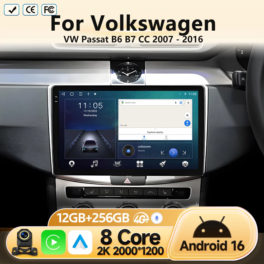 Фото Android 16 для Volkswagen VW Passat B6 B7 CC 2007-2016, Carplay, GPS-навигация, автомобильная мультимедийная система, видеоплеер, головное устройство, Bluetooth №1