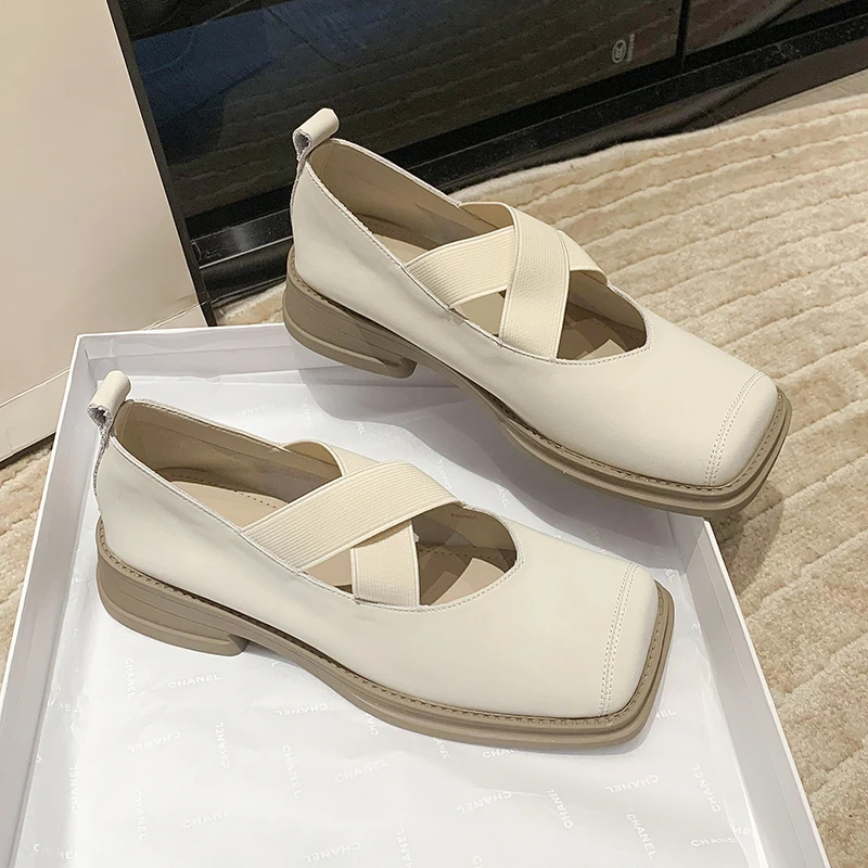 

Squaretoe French shallow cut single shoe women's spring and summer cross strap soft soled Mary Jane shoes low heeled balletshoes