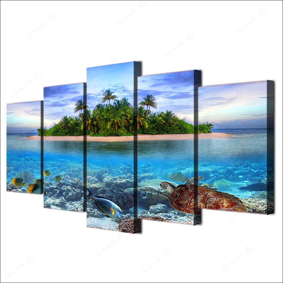 

Seascape Canvas Paintings Wall Art 5 Pieces Marine Life Tropical Island Pictures HD Prints Sea Turtle Fish Palm Trees Posters