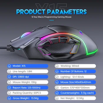 12800DPI Free Weight Macro RGB Gaming Mouse 12 Programmable Keys Game Mouse RGB Light Max to 6 levels For pc mac gun PUBG Laptop 6
