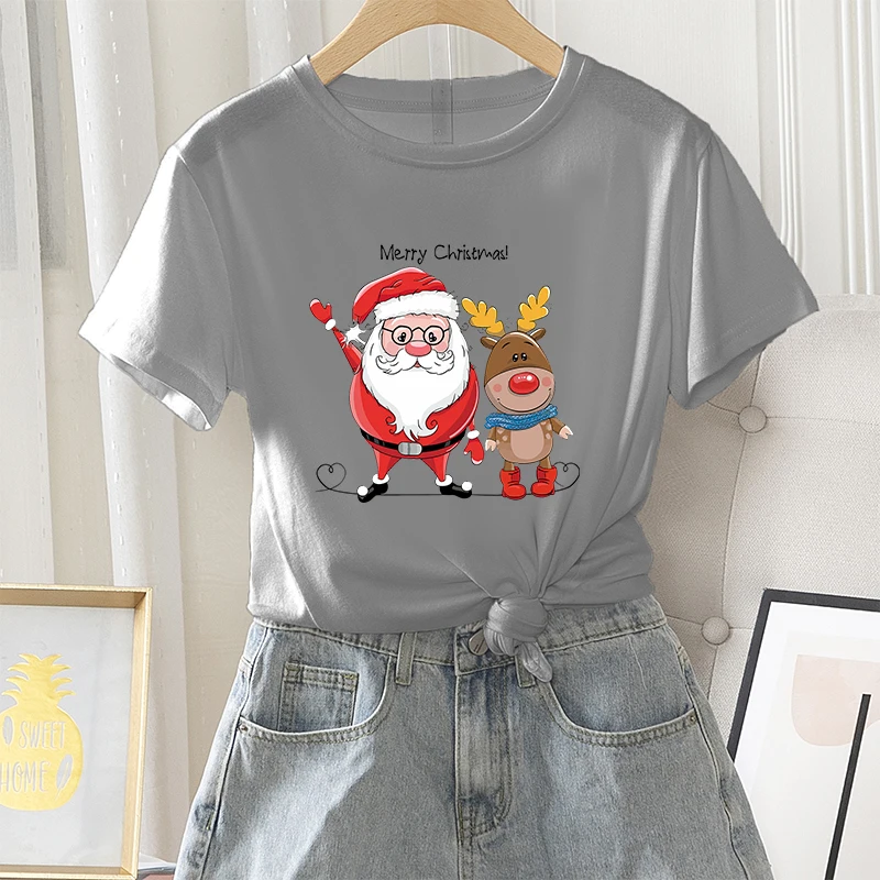 

Summer Women Fashion 100% Cotton T-shirt Regular Short Sleeve Christmas Santa Elk Print Ladies Graphic Streetwear O-Neck Tee Top