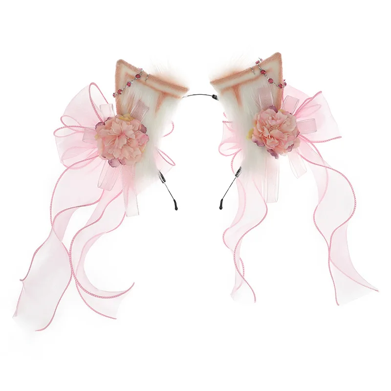 

Kawaii Lolita Fur Ears Cosplay Headband Detachable Silk Ribbon Flower Realistic Fluffy Hair Hoop Sweet Fox Ear