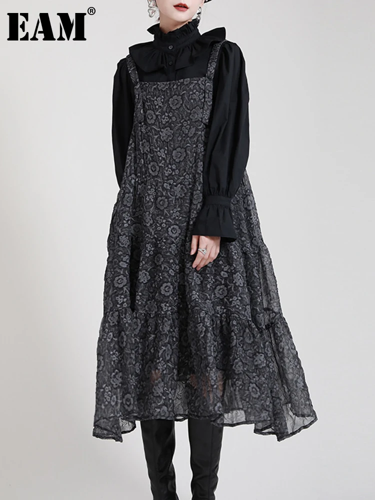 

[EAM] Women Black Pattern Printed Chiffon Long Spaghetti Strap Dress New Sleeveless Loose Fit Fashion Spring Autumn 2023 1DE2080