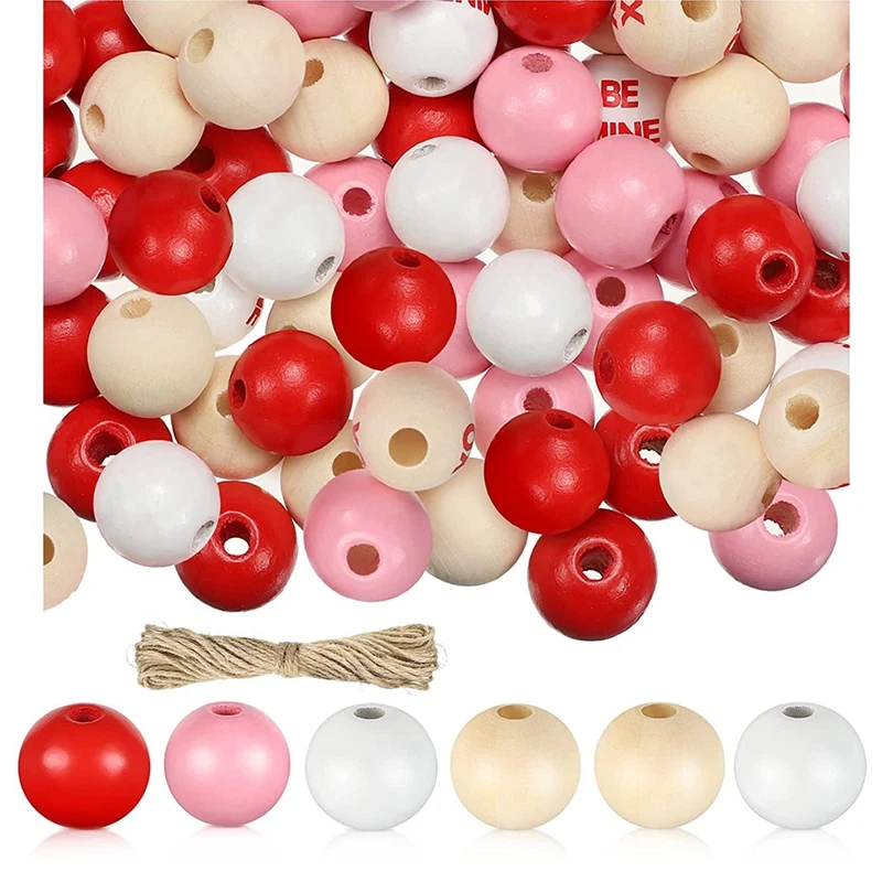

Uclio 200 Pieces Valentine's Day Wood Beads Handmade Beads Round Craft Wood Beads with Rope for DIY