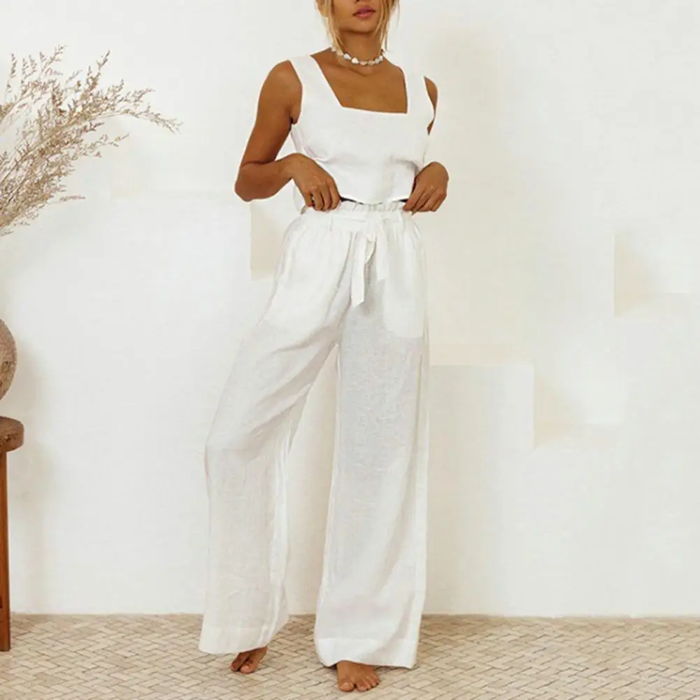 

2 Pcs/Set Square Collar Sleeveless High Waist Drawstring Pockets Lady Outfit Solid Color Short Vest Wide Leg Long Pants y2k traf