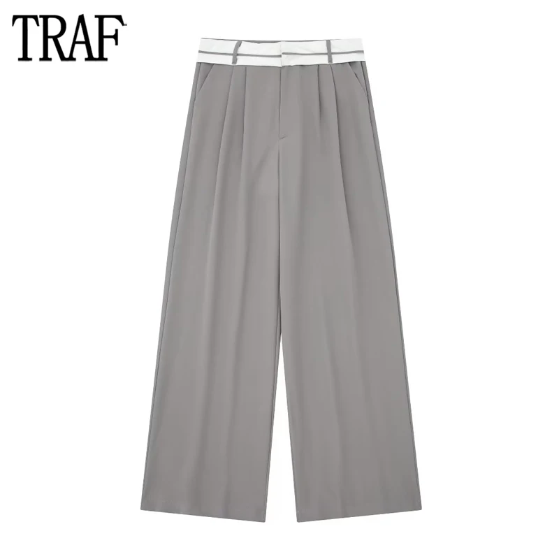 

TRAF 2023 Baggy Pants Woman Pleated Wide Leg Pants for Women Masculine High Waist Trousers Womens Autumn Office Women's Pants