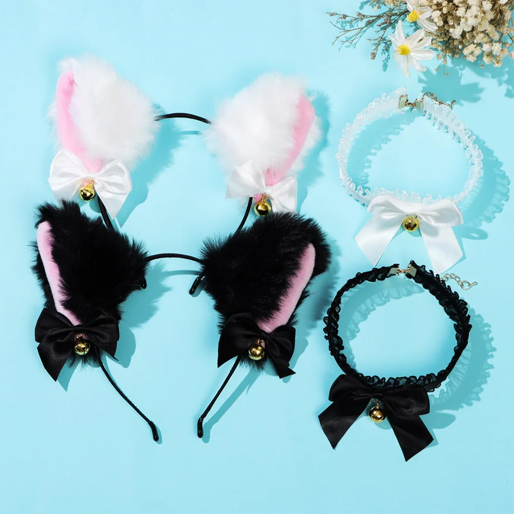 

2Pcs Cat Ear Headband With Bells Necklace Cosplay Headwear Girl Plush Furry Cat Ears Headwear Hairband For Costume Party