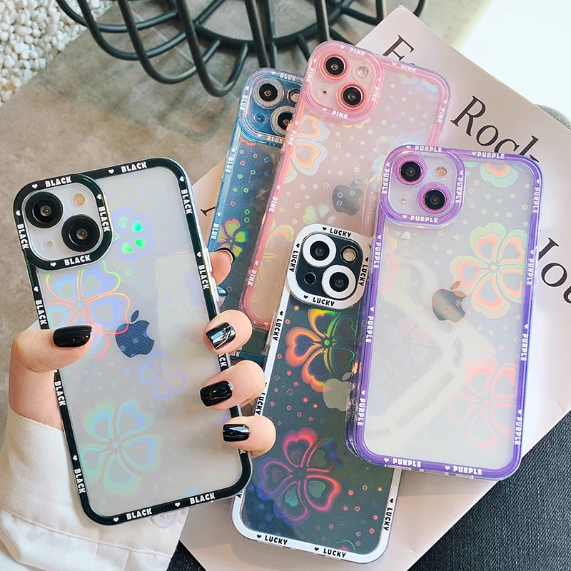 

Simple Laser Flower Clear Candy Color Case For IPhone 11 12 13 Pro Max Case XS X XR XR 7 8 6 Plus SE Back Phone Cover Funda case