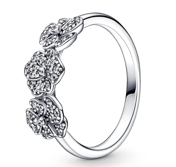 

Authentic 925 Sterling Silver Sparkling Triple Pansy Flower With Crystal Ring For Women Wedding Party Europe Fashion Jewelry