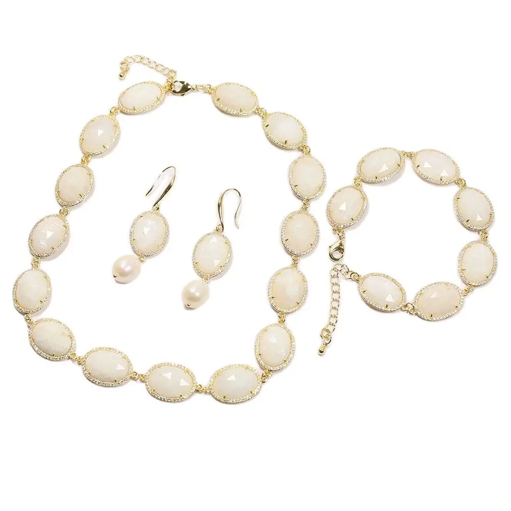 

GG Jewelry Natural White Moonstone Oval Shape Chain Station Necklace Bracelet Earrings Sets Handmade Simple Lady Gifts