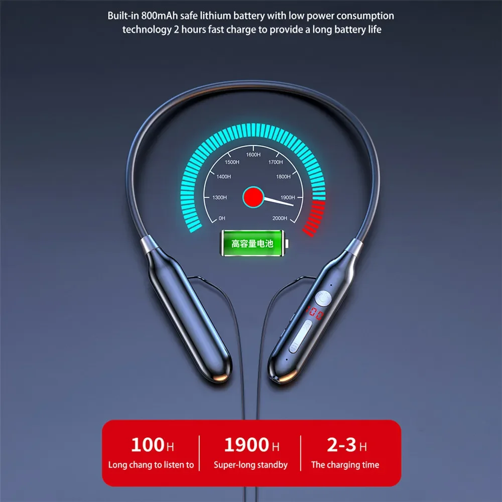 

LED Display earphones 100 Hours Endurance Bluetooth 5.0 Wireless Headphones Stereo Bass Neckband Power Headset TF Card