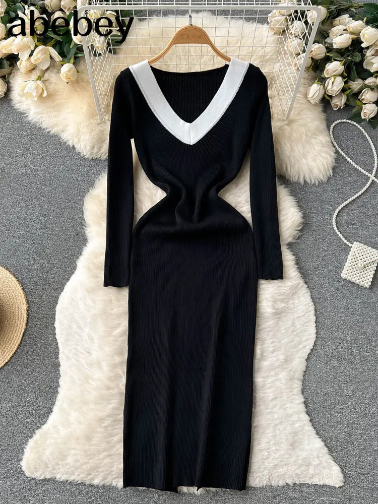 

Autumn Sexy Knitted Dress Women V Neck Long Sleeve Slim Maxi Dress Female Autumn Black Sweater Long Dress 2022