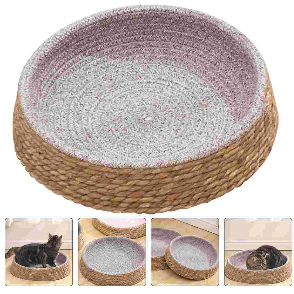 

Rattan Pet Bed Puppy Kennel Small Dogs Cat Sleeping Nest Warm Ring Round Grass Willow House Cooling Woven