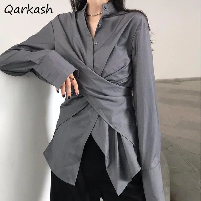 

Criss-cross Irregular Shirts Women Slim Elegant Females Design Long Sleeve Tops Fashion Korean Vintage New Arrival Solid Mujer