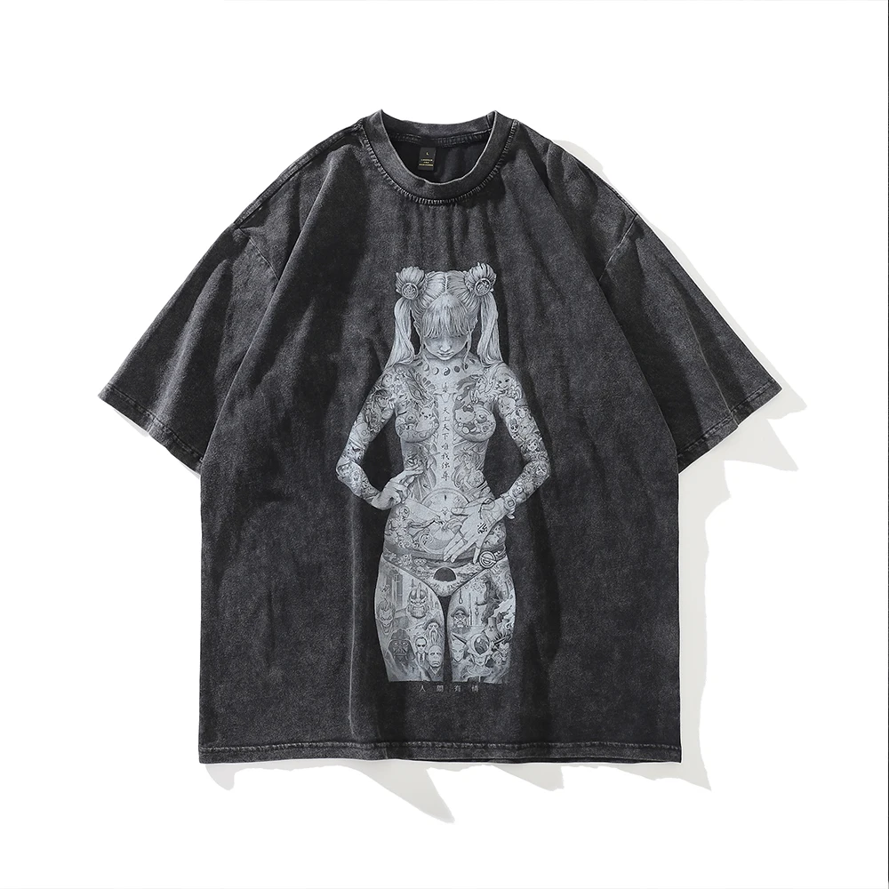 

Футболка мужская оверсайз в стиле хип-хоп, винтажная тенниска из хлопка с принтом в японском стиле Харадзюку, уличная одежда в готическом ст...