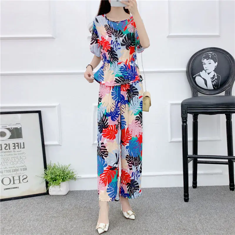 

2022 Summer Women Casual Suits Female Thin Soft Cotton Loose Tops + High Waist Wide Leg Pants Ladies Clothes 2 Piece Sets I63