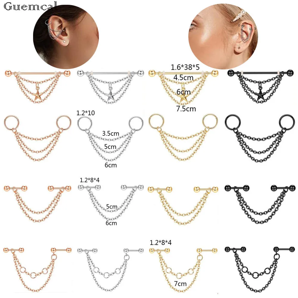 Серьги-каффы Guemcal из нержавеющей стали в стиле панк, ювелирные украшения для пирсинга с двумя цепочками, 14G, унисекс, 1 шт.