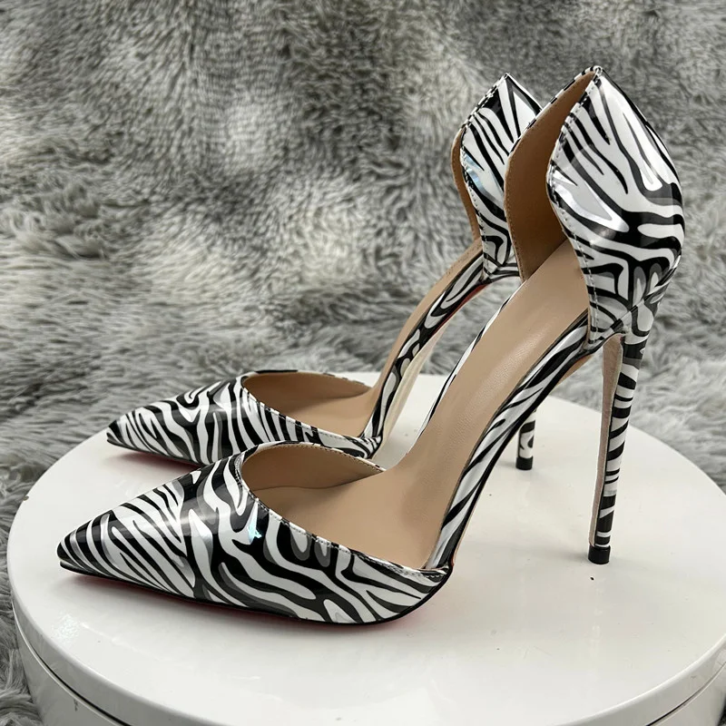 

Zebra printed pointed toe 12cm 10cm 8cm high thin heel sexy mixed colors wedding party plus size 46 women pumps QP210 ROVICIYA