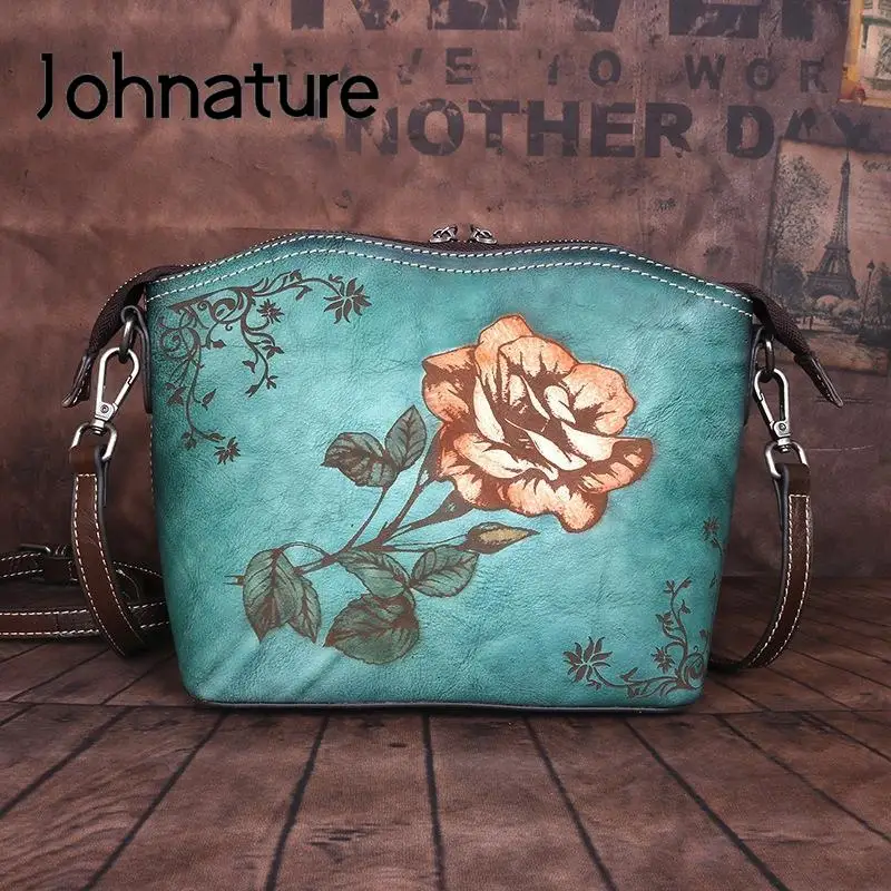 Johnature Retro Real Cowhide Hand-printed Women Bag 2022 New Natural Genuine Leather Leisure Floral Shoulder & Crossbody Bags