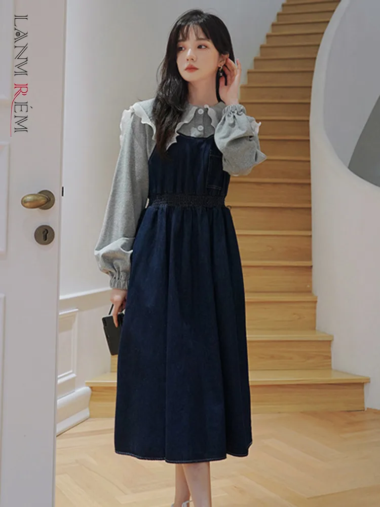 

LANMREM New Women Spring Autumn Dress 2022 Female Fashion Patchwork Color Block Peter Pan Collar Elastic Waist Dresses 2J1430