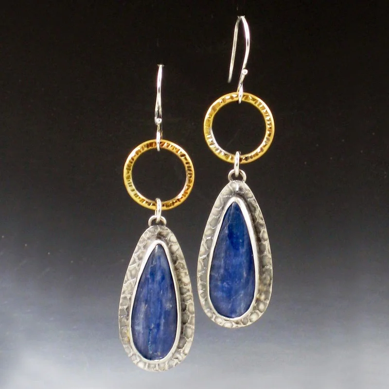 

Artisan Hammered Vintage Lapis Lazuli Earrings Creative Classic Electroplated Oxidized Silver Kyanite Long Pendant Earrings