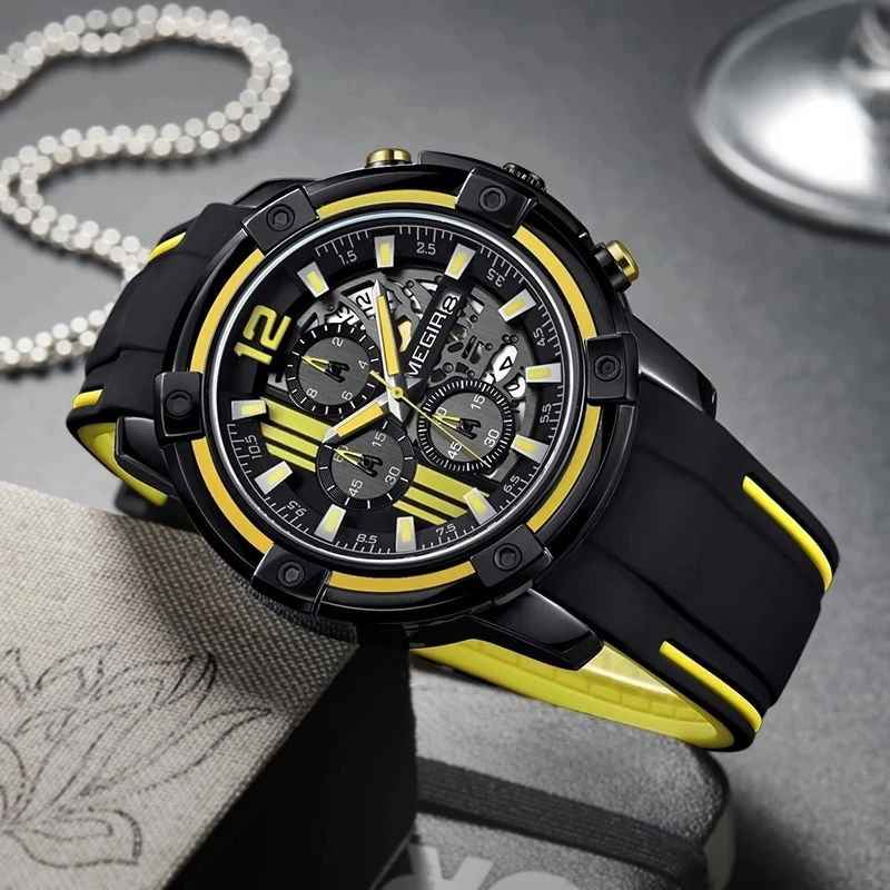 

Megir männer Schwarz Silikon Band Quarz Uhren Chronograph Sport Armbanduhr für Mann 3atm Wasserdicht Leucht Hände 2097 Gelb