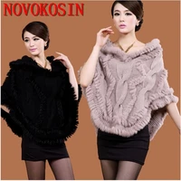 4 colors winter fashion short real rabbit fur knitted pullover knitwear female loose poncho black silver thick coat with hat