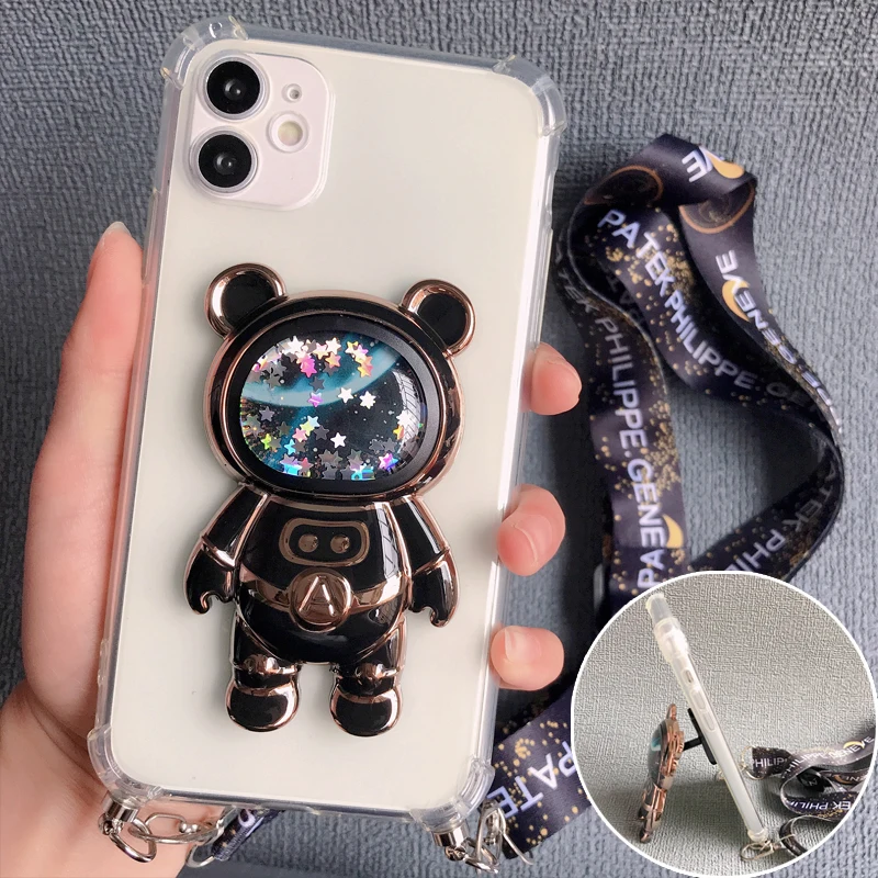 

Quicksand Space Bear Crossbody Strap Lanyard Case For Xiaomi Redmi Note 11 10 Pro 9 9S 10C 9C 9A 9AT Mi Poco X3 11T 10T Cover