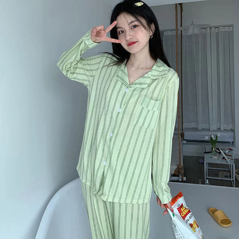 

Новинка, осенняя женская пижама в полоску, пижама из двух предметов, брюки с длинным рукавом, свободные костюмы в Корейском стиле для домашн...