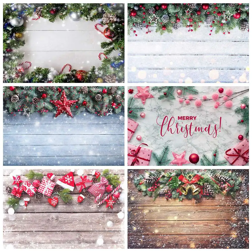 

Christmas Decoration Wooden Board Photography Backdrop Kids Snow Gifts Stars Bells Balls Hats Lights Plank Home Photo Background