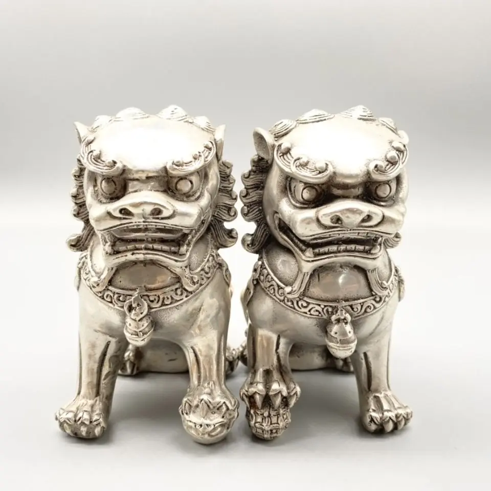 Китайская старая тибетская Серебряная резная пара собака Лев статуя - купить по