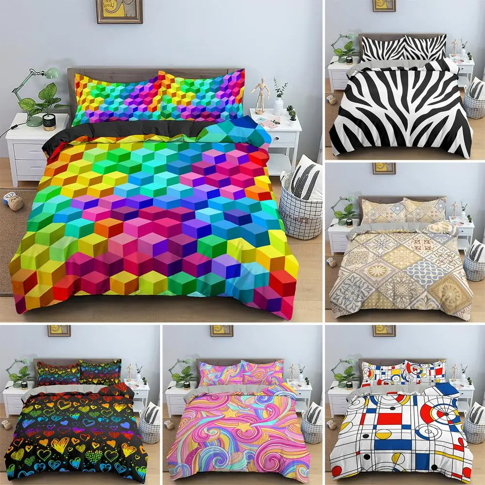 

Geometric Printed Bedding Set 2/3Pcs Colorful Stripe Duvet Cover Optical Illusion Quilt Cover Microfiber Fabric Home Textile