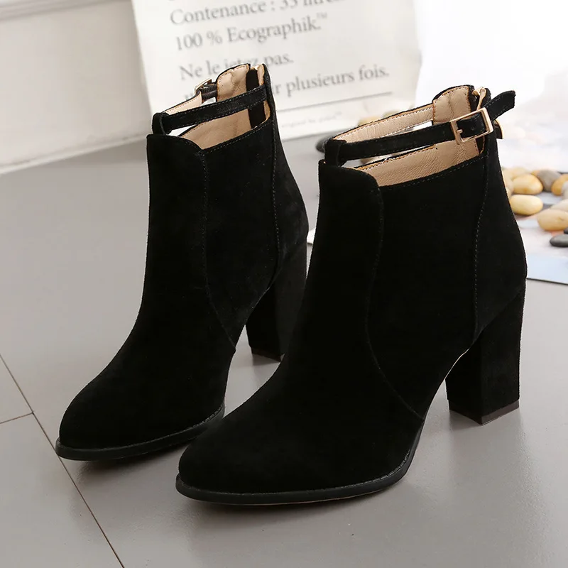 2023 Plus Size 42 43 Women Boots Flock Zipper Pointed Toe Autumn Winter Ankle Thick High Heels Ladies Shoes Womans Pumps Booties