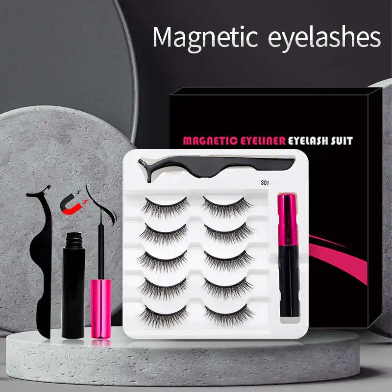 

3/5/7Pairs Magnetic Eyelashes False Lashes Repeated Use Eyelashes Waterproof Liquid Eyeliner With Tweezer Makeup Set