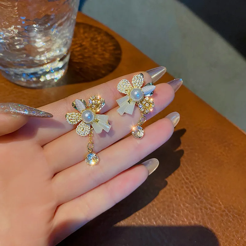 

New French Baroque Pearl Flower Advanced Diamond Pendant Earrings For Women Korean Fashion Earring Birthday Party Jewelry Gifts