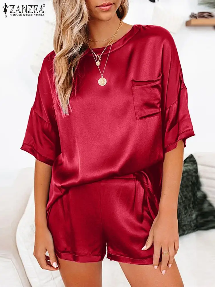 

Summer Loose Tracksuit Homewear 2PCS Women Casual Solid Satin Matching Sets ZANZEA Vintage Short Sleeve Elastic Waist Short Sets