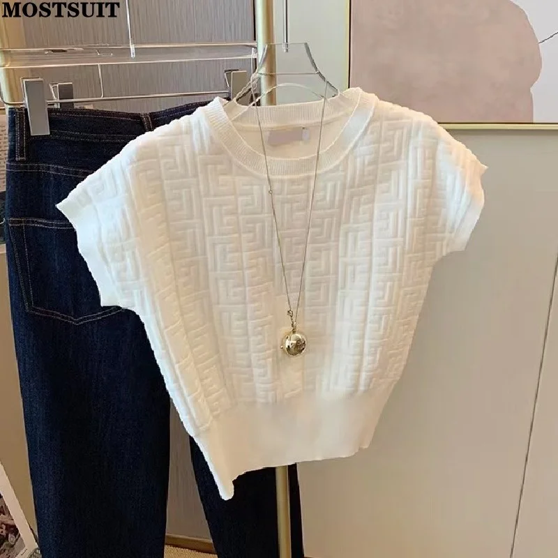 

2023 Summer Jacquard Knitted Sweater Tshirt Women Vintage Solid Stylish Chic Tees Tops Short Sleeve O-neck Ladies Jumpers
