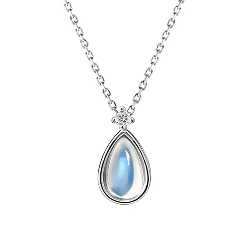 Sterling Silver Plated Natural Sea Blue Moonstone Pendant Small Water Drop Necklace Women's Light Luxury Design High-En... |