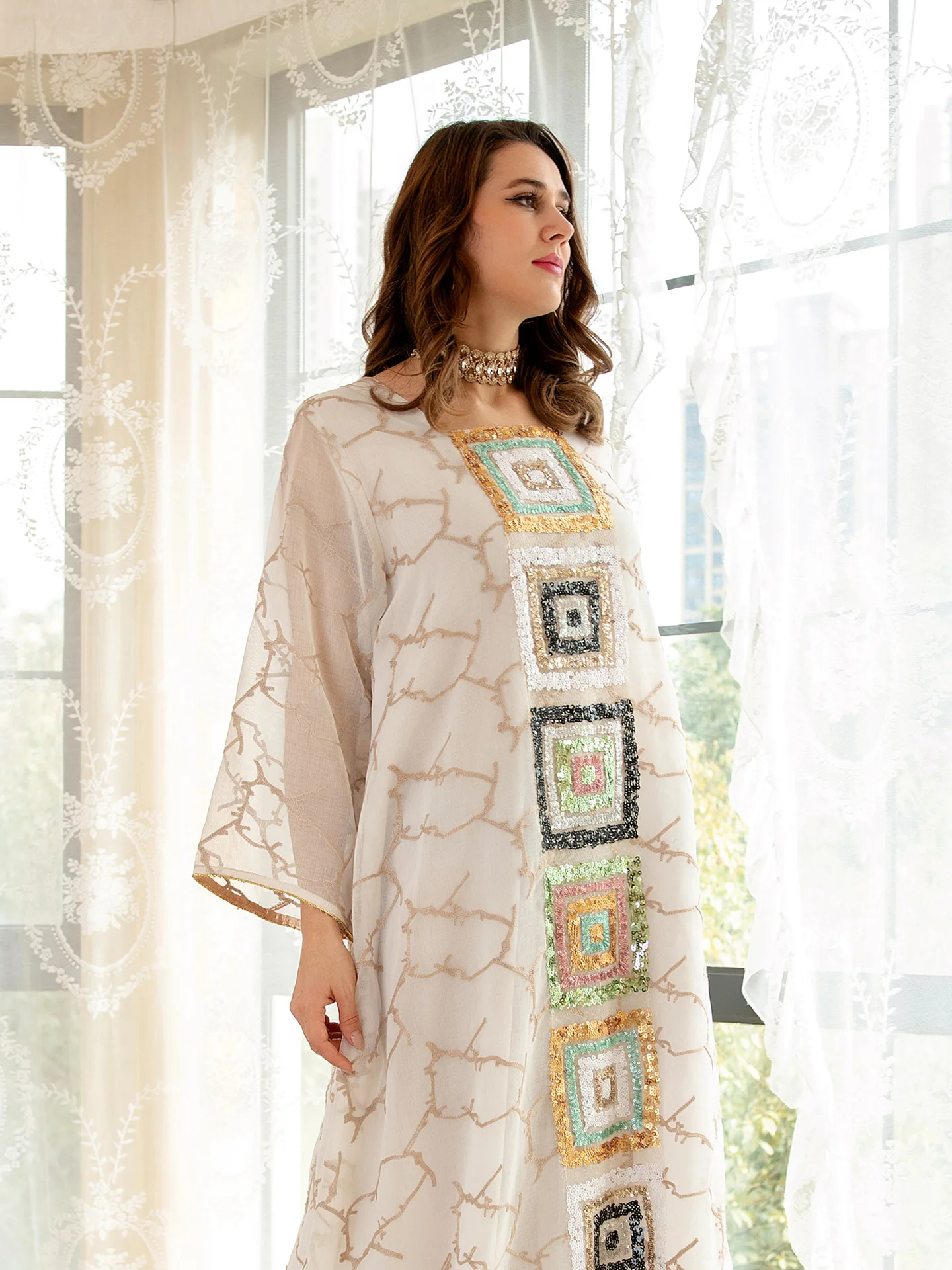 2023 New Women's Muslim Dress Mesh Robe Arabic Appliqué Gold Sequin Garment Vestidos Arabes Dubai Y Turcos Evening Dresses