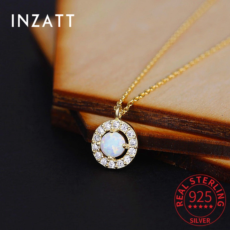 

INZATT Real 925 Sterling Silver Round Zircon Opal 14K Choker Necklace For Fashion Women Classic Fine Jewelry Minimalist Bijoux