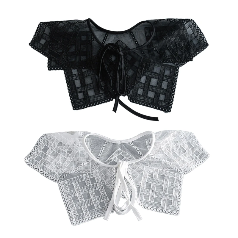 

Women Pastoral Lace Mesh Shawl Detachable Collar Embroidery Checkered Plaid Shrug Cover Up Triangular Trim Scarf Capelet