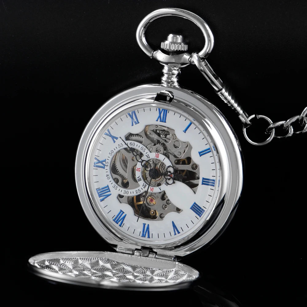 Bright Silver Single Open Roman Digital Mechanical Pocket Watch Necklace Pendant Clock Fob Chain Men's Women's Pjx1024