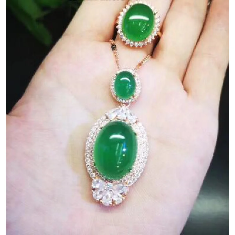 

green pink chalcedony ring agate jade pendant ring set Water drop rhinestone Zircon crystal gem Jewellery