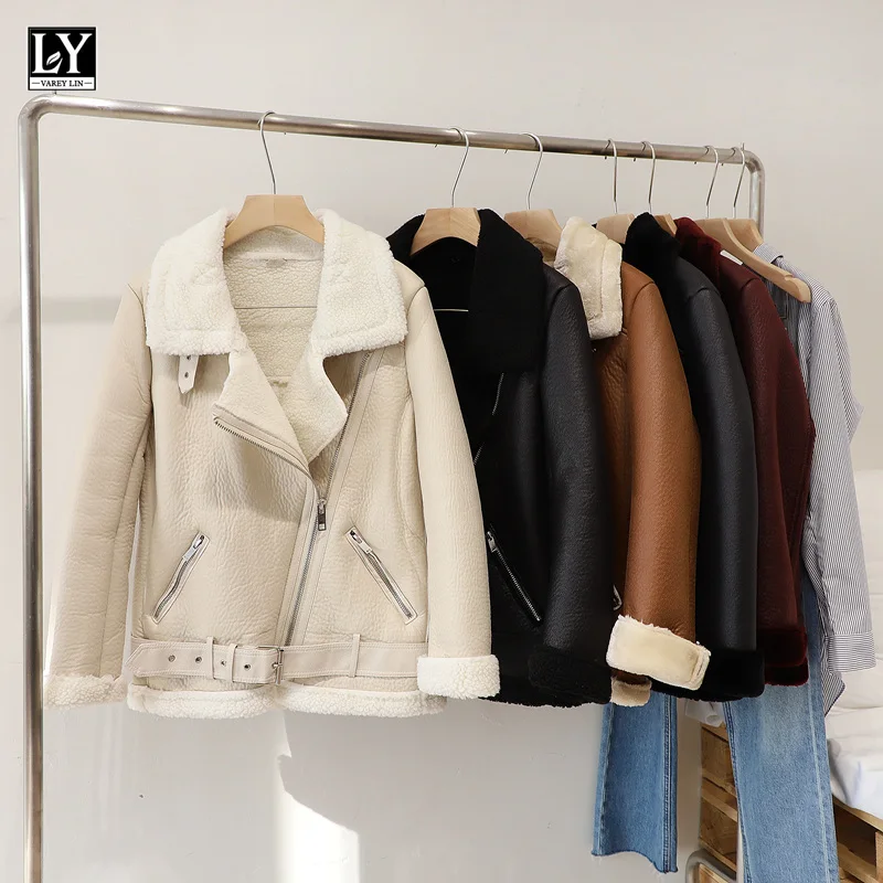 

LY VAREY LIN Winter Women Thick Faux Leather Fur Sheepskin Warm Locomotive Outwear Fur Leather Jacket Faux Lamb Leather Coat