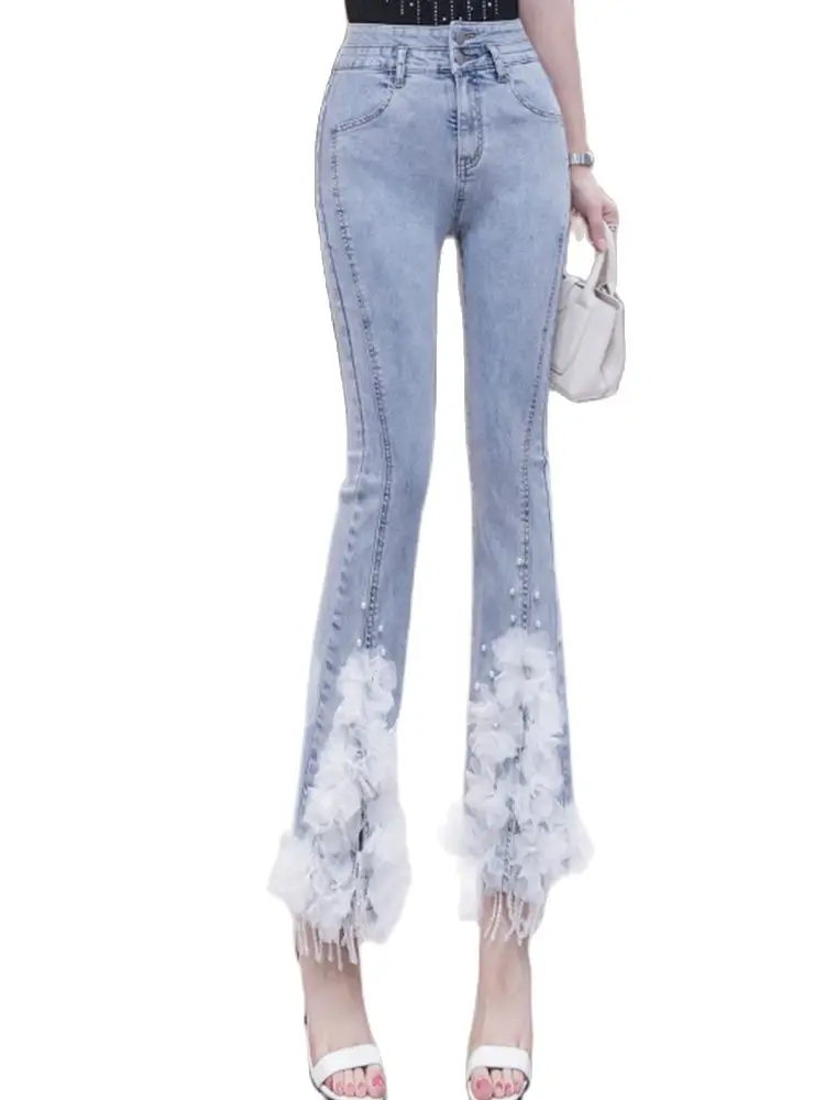 

Casual Jeans 2022 Summer Stretch Thin Jeans Slit Beaded Three-dimensional Flower Flared Pants Fashion Women's Clothing