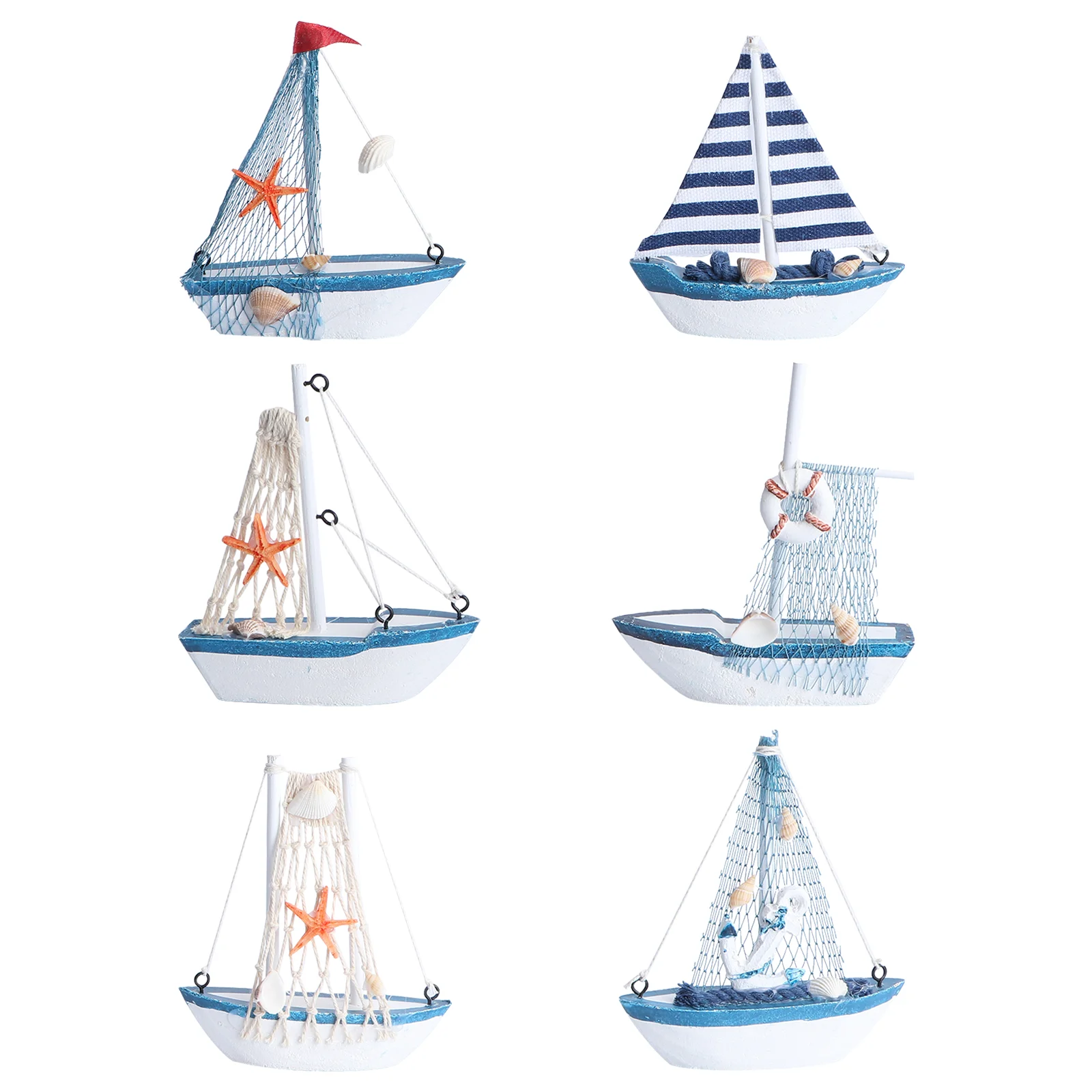 

6 Pcs Blue Accessories Boat Model Mediterranean Ship Desktop Ornament Style Sailboat Wooden Fishing Net